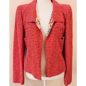 Chanel Red Coral Checkered Jacket Blazer Flower Lining FR 38 US 6 01S